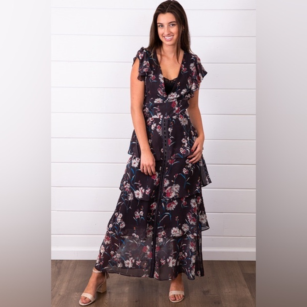 Willow & Clay Delilah Maxi Floral Hook and Eye Ruffle Dress Womens Size Large